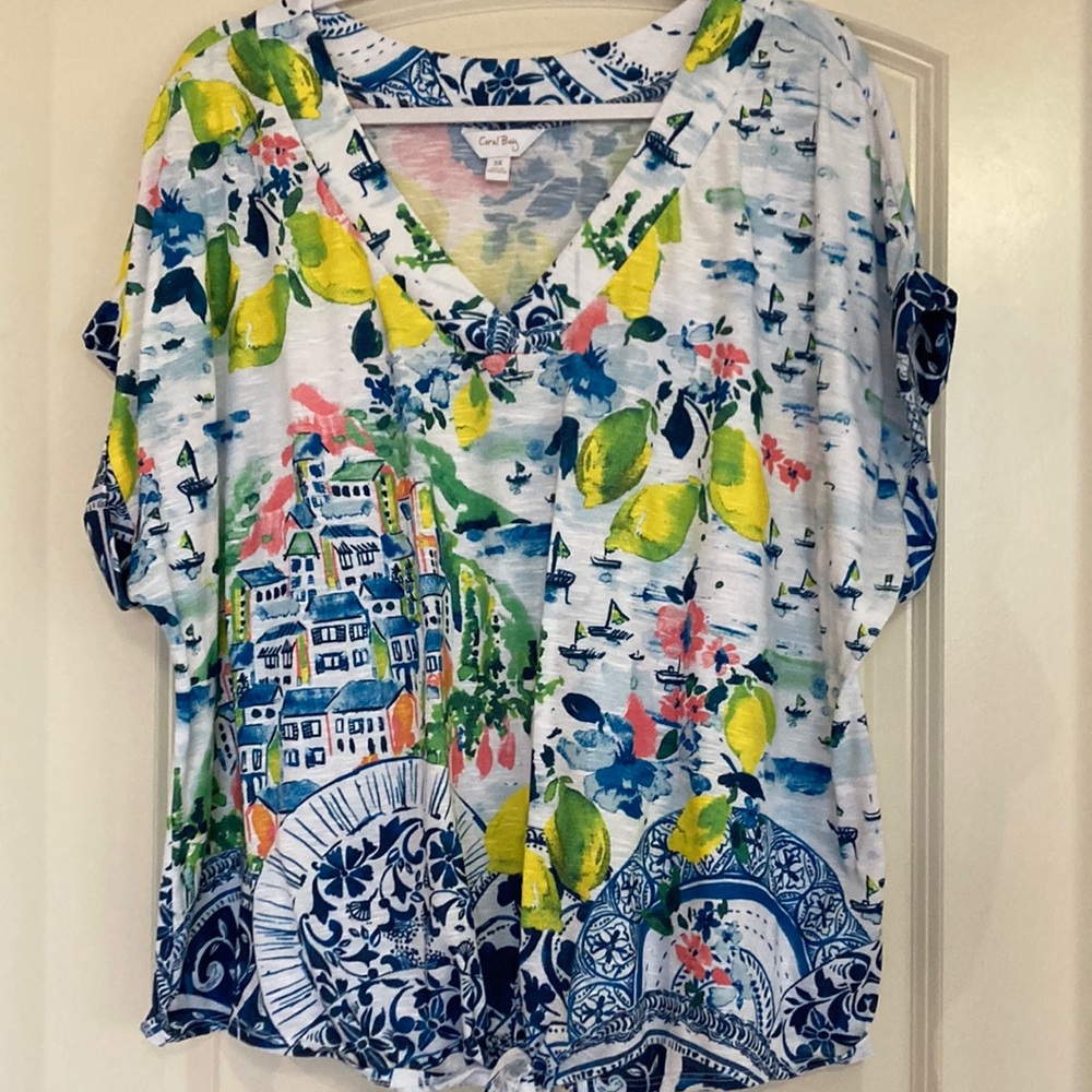 Coral Bay Relaxed Tie Front Blouse in Yellow and Blue